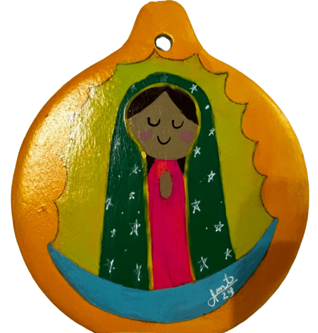 Folk Virgencita Ornament – 4" Handcrafted Ceramic with Acrylic Design - Ysleta Mission Gift Shop