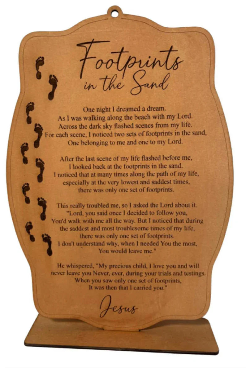 Inspirational Christian wall art featuring footprints in the sand with stand, 11.5 x 8.5 inches, by Norma Cordova De Schaefer.