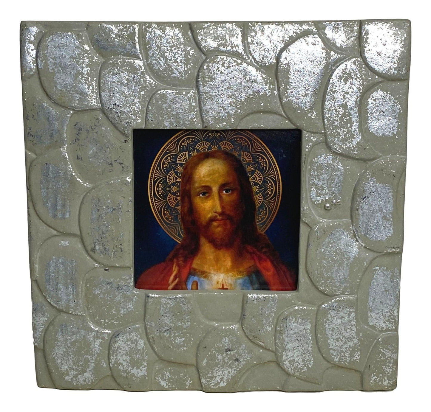 Frame Olive Green Resin Silver Glitter Accent Sacred Heart Image Handcrafted - Ysleta Mission Gift Shop