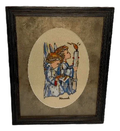 Framed Art Angels Holding Candles Hummel Wool Crewel Embroidery Handcrafted - Ysleta Mission Gift Shop