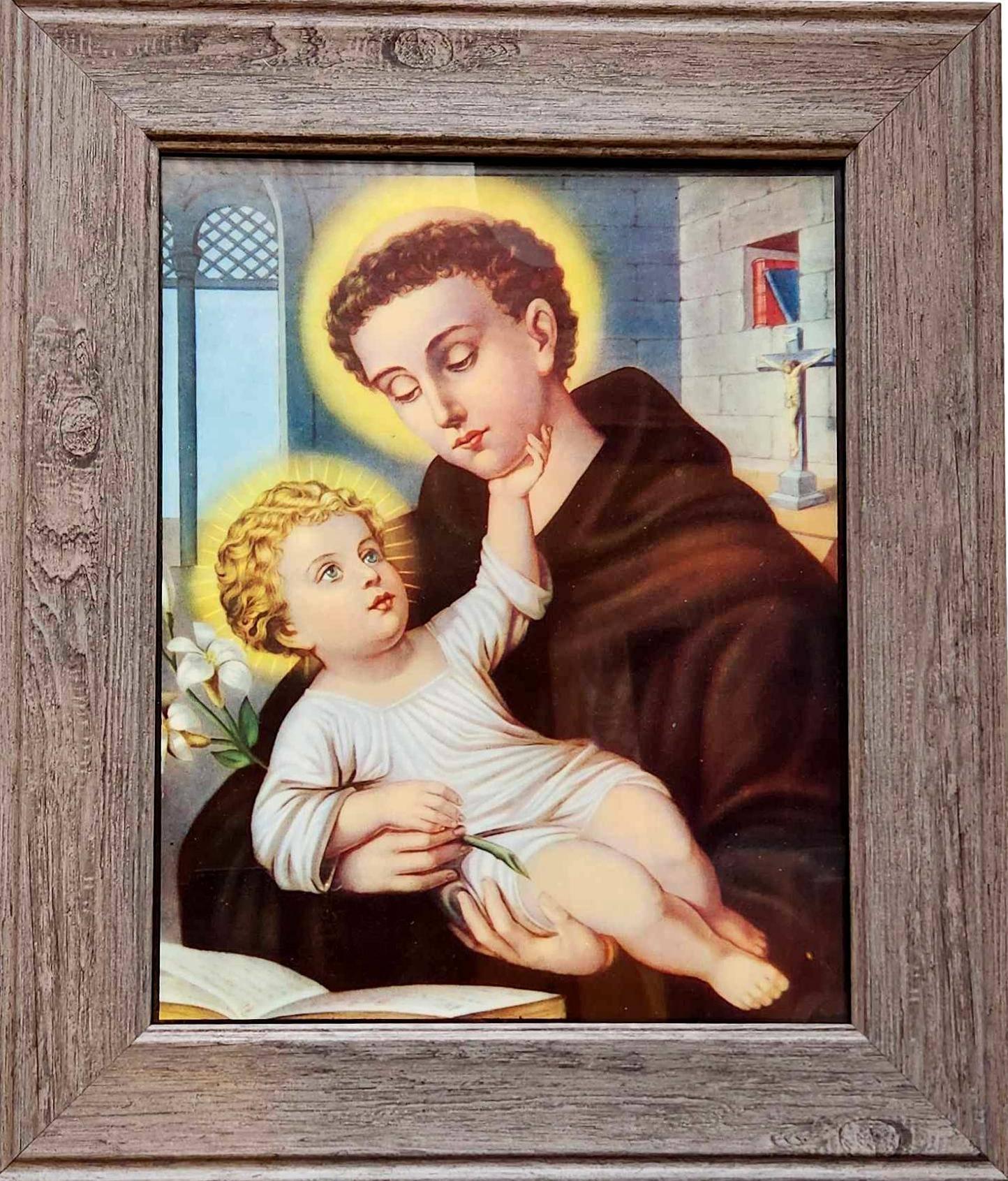 Framed Saint Anthony Out of Print Image – Thick Grey Wood Grain Border, 13"x11" - Ysleta Mission Gift Shop