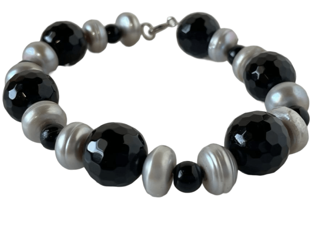 Freshwater Pearl & Black Bead Bracelet - 7.75-Inch Saucer Shaped Design - Ysleta Mission Gift Shop