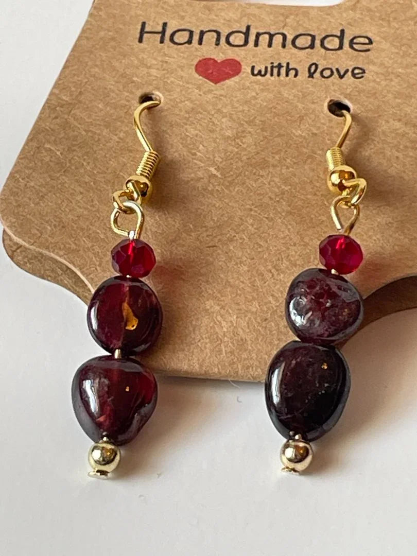 Garnet and gold seed bead dangle earrings with gold ear hooks, 1 inch long, by Sylvia Leroux in jewelry and accessories collection.