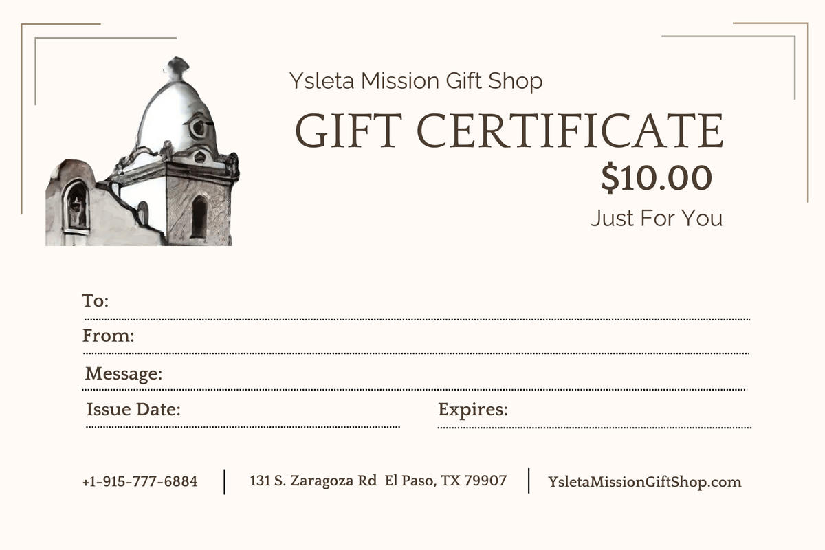 Ysleta Mission Gift Shop gift certificate, perfect for any occasion, featuring elegant design and ready for gifting.