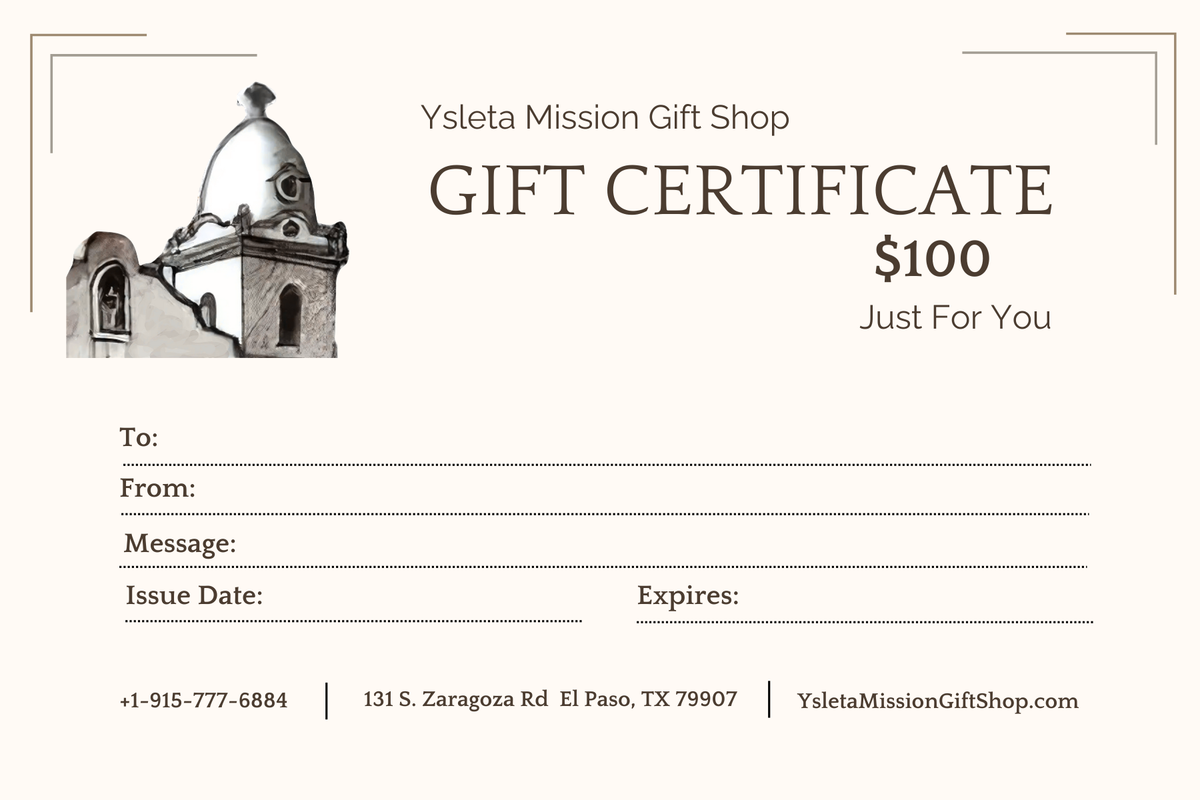Ysleta Mission Gift Shop gift certificate, ideal for any occasion, featuring the iconic Ysleta Mission logo and elegant design.