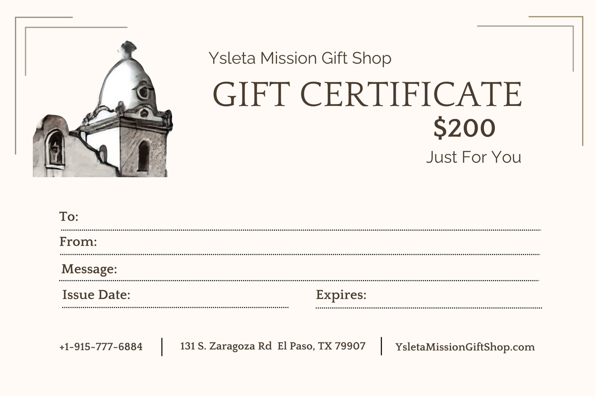 Ysleta Mission Gift Shop gift certificate, perfect for any occasion, featuring the Ysleta Mission logo and decorative design.