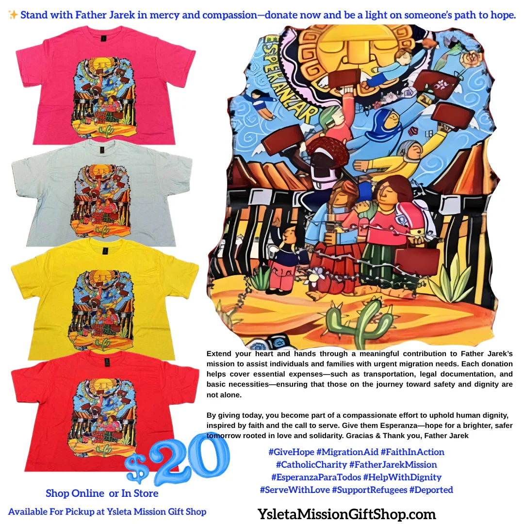 Give Hope "Esperanzar" Catholic fundraiser T-shirt by Father Jarek, Gildan 100% cotton, featuring faith-based design on front.