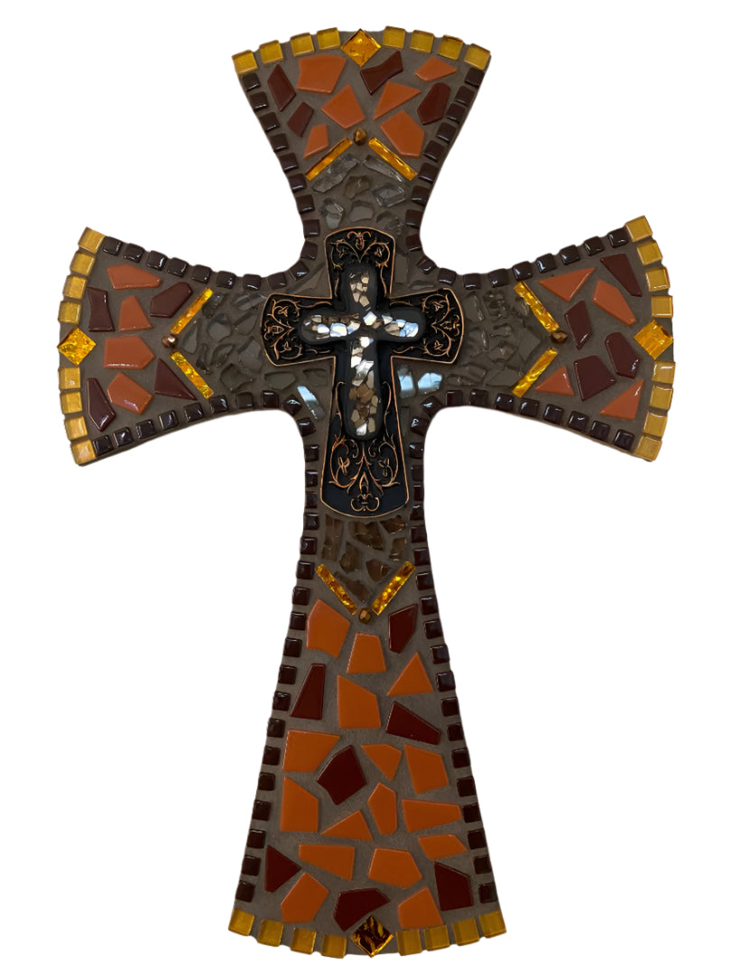 Radiant Gold Mosaic & Glass Wooden Cross – 16"x11"
