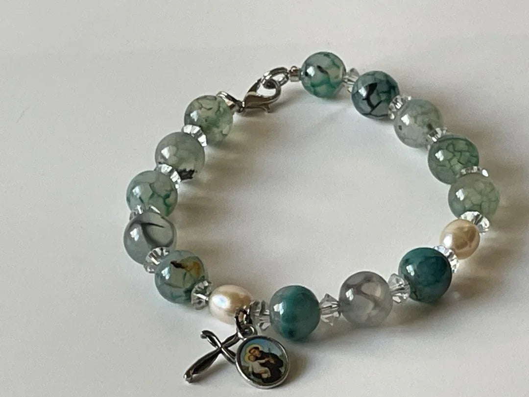 Green Agate Rosary Bracelet with Saint Anthony Medal – 8" - Ysleta Mission Gift Shop