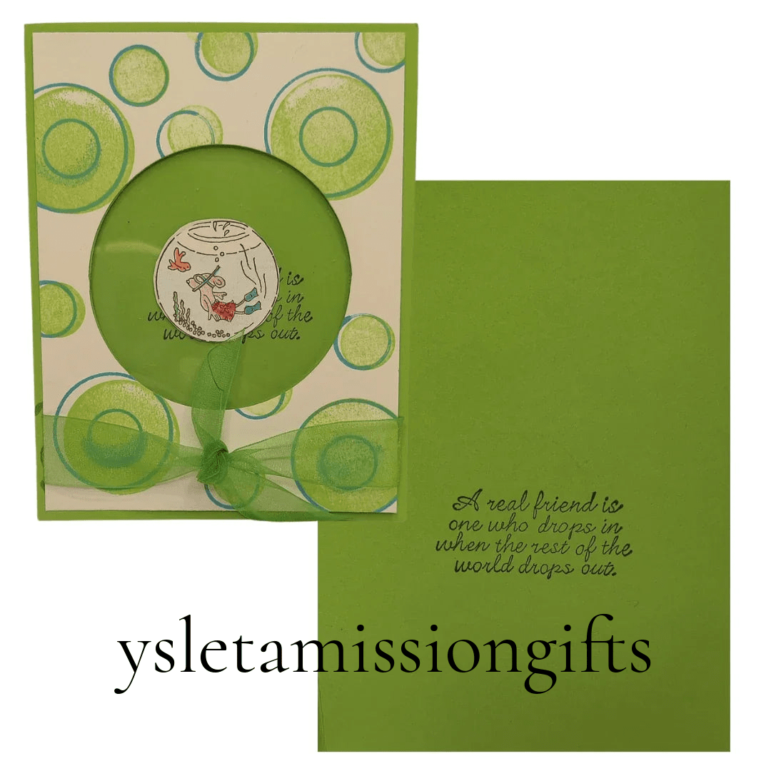 Handcrafted friendship greeting card by Ysleta Mission Gift Shop, 4x6 inches, with stamped message inside and included envelope.