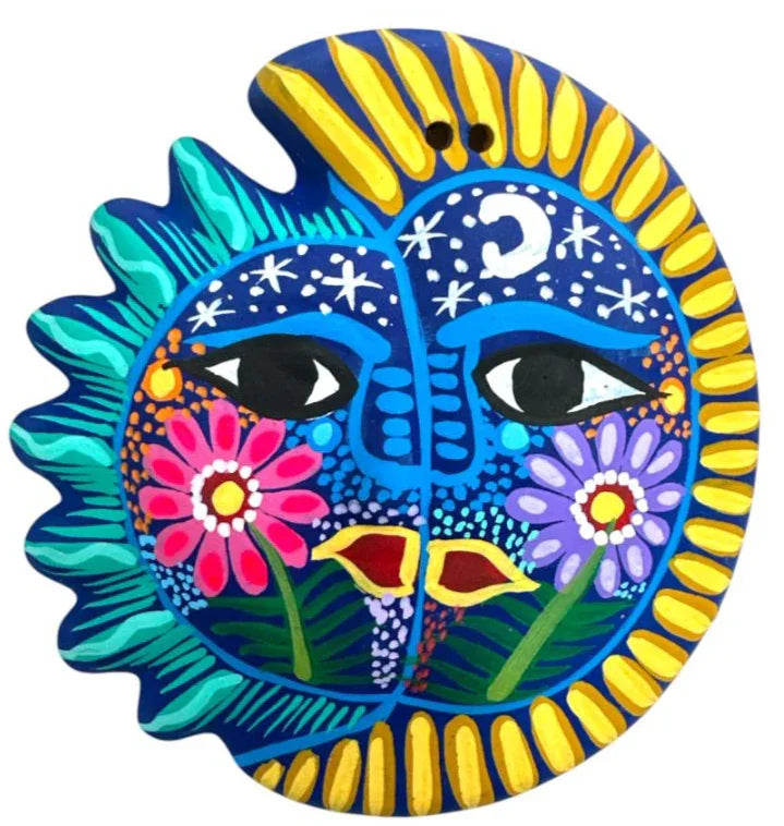 Hand-painted ceramic eclipse wall decor featuring sun and moon motifs by Jose Alberto Chavez, Mexican folk art for home and garden.