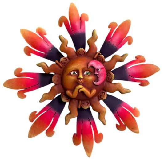 Handcrafted 3D Sun and Moon eclipse wall art by Jose Alberto Chavez, folk design for indoor or outdoor home decor.