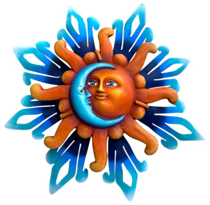 Handcrafted 3D Sun and Moon Eclipse wall art by Jose Alberto Chavez, featuring folk design for indoor and outdoor home decor.