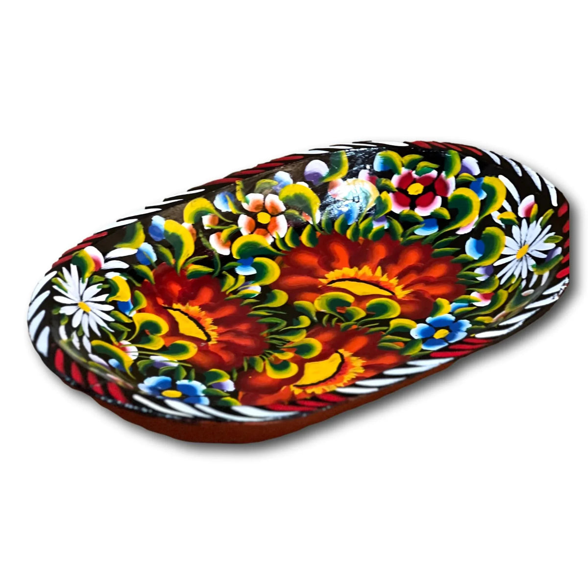 Handcrafted Batea wood bowl with hand-painted floral design, decorative home and garden bowl from Ysleta Mission Gift Shop.