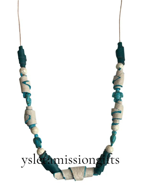 Handcrafted Leather Necklace- Turquoise Turtle Beads- White Leather Cord- 15" or 10" Length" - Ysleta Mission Gift Shop
