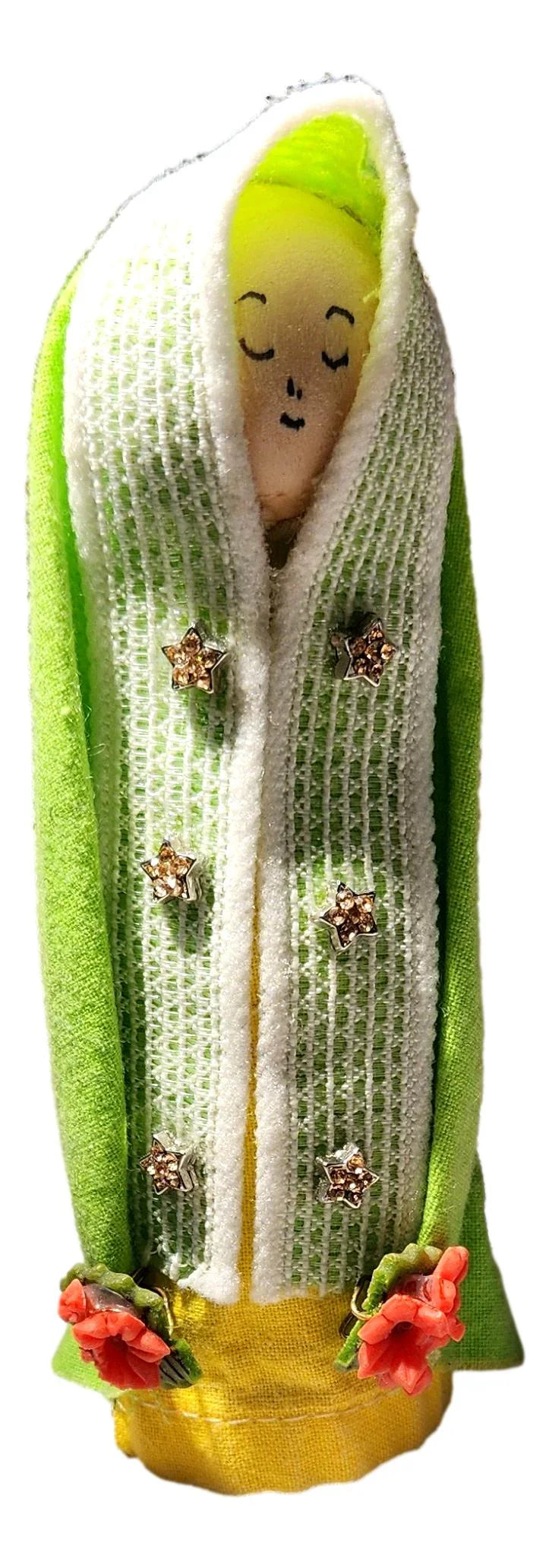 Handcrafted 5-inch Mother Mary peg bottle doll from Ysleta Mission Gift Shop, a Catholic Christian saint statue figurine.