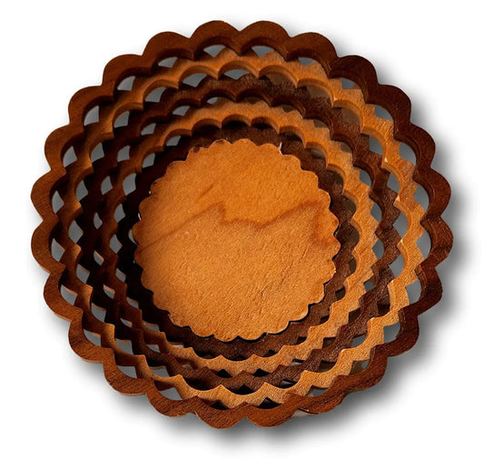 Handcrafted 4-inch wooden bowl with woven design from Ysleta Mission Gift Shop, perfect for home decor or decorative display.