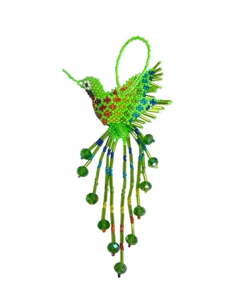 Handmade beaded hummingbird keychain by Jose Alberto Chavez, featuring colorful beads and detailed craftsmanship for purse or bag accessory.