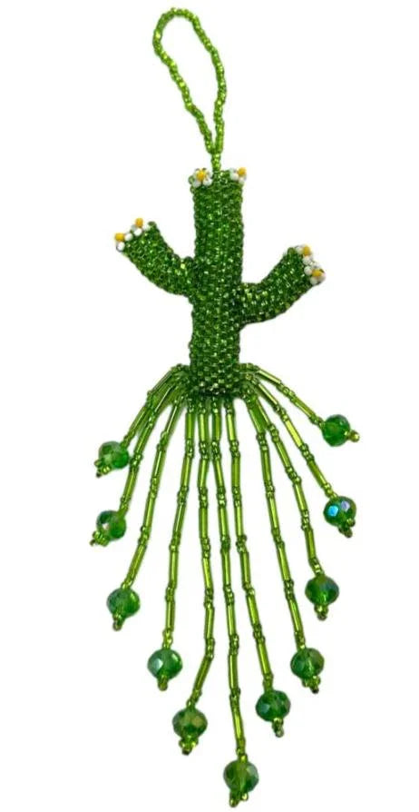 Handmade beaded Sahuaro cactus design on a Mexican seed bead bag accessory by Jose Alberto Chavez.