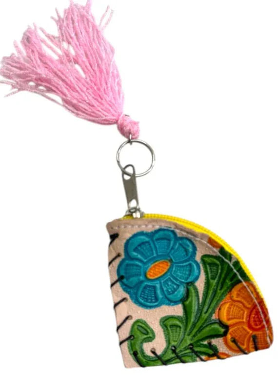 Handmade Leather Coin Purse – Tooled Keychain Wallet from Mexico - Ysleta Mission Gift Shop