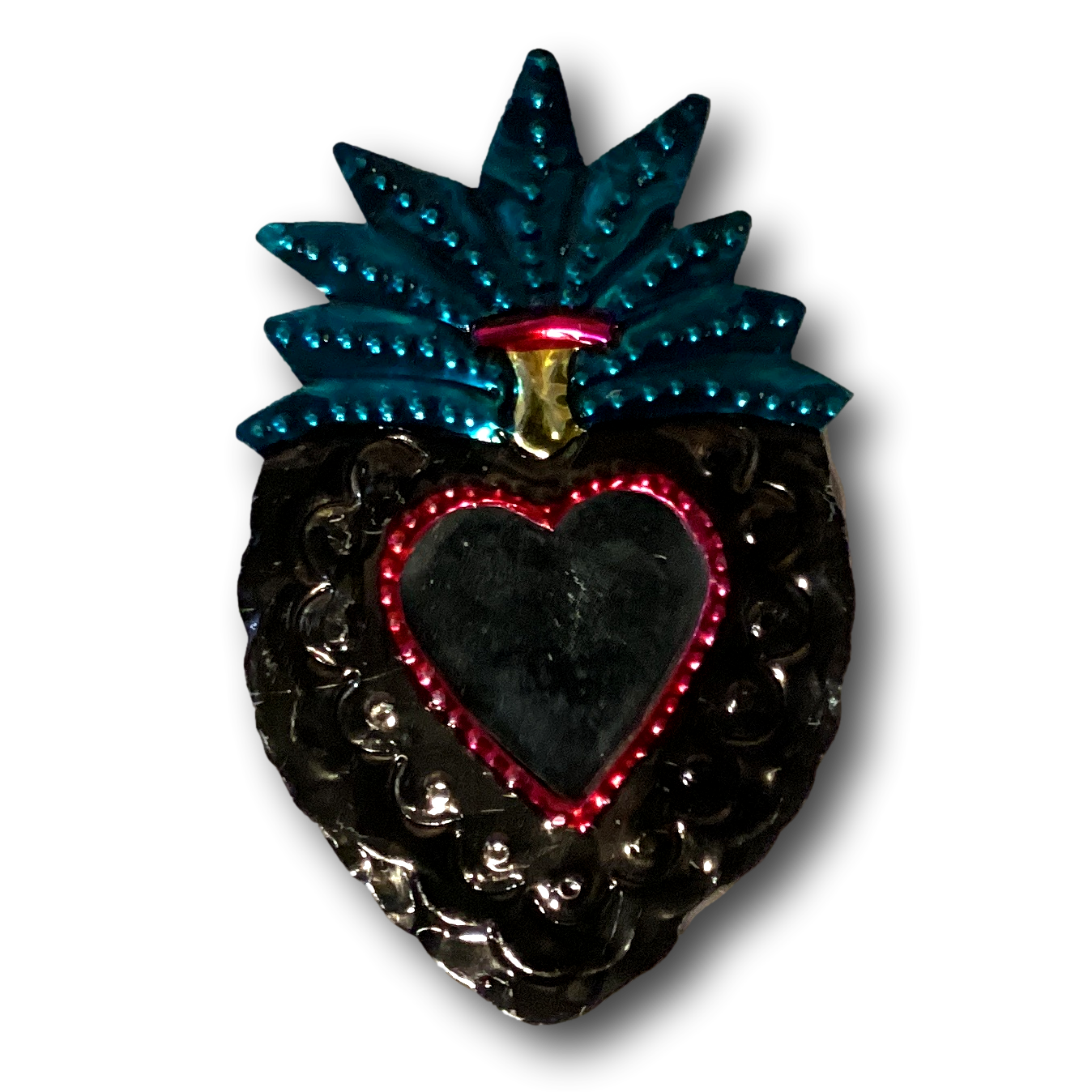 Handmade 5-inch Mexican tin heart magnet featuring colorful traditional designs, ideal for refrigerator or home decor.