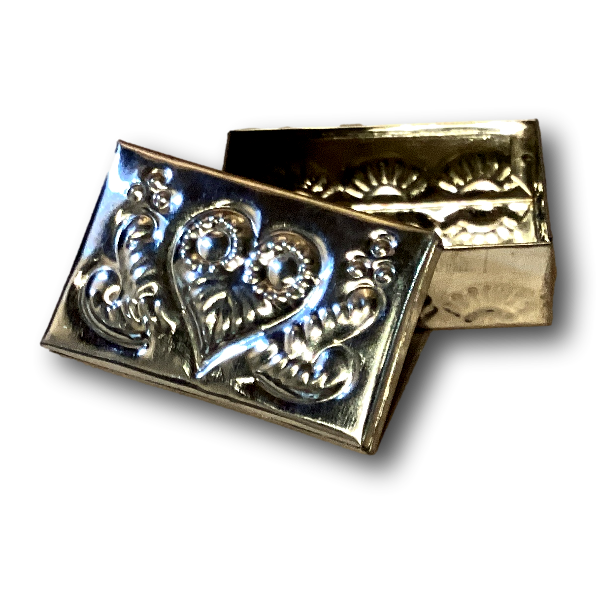 Embossed heart centerpiece gift box tin by Ysleta Mission Gift Shop, decorative metal art for home and garden decor.