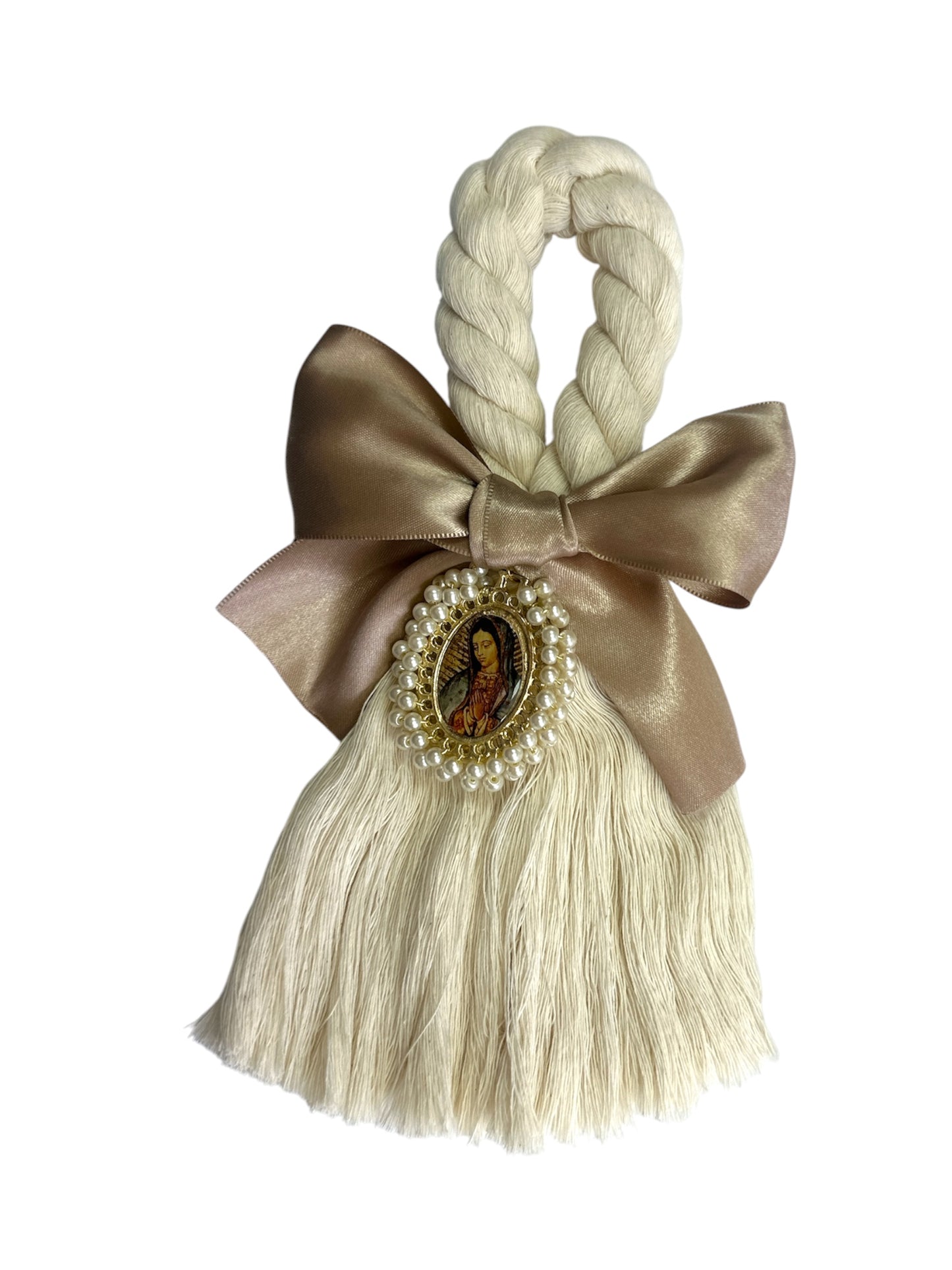 Beige satin bow with Our Lady of Guadalupe image, 8.5-inch Catholic devotional ornament by Jose Alberto Chavez.