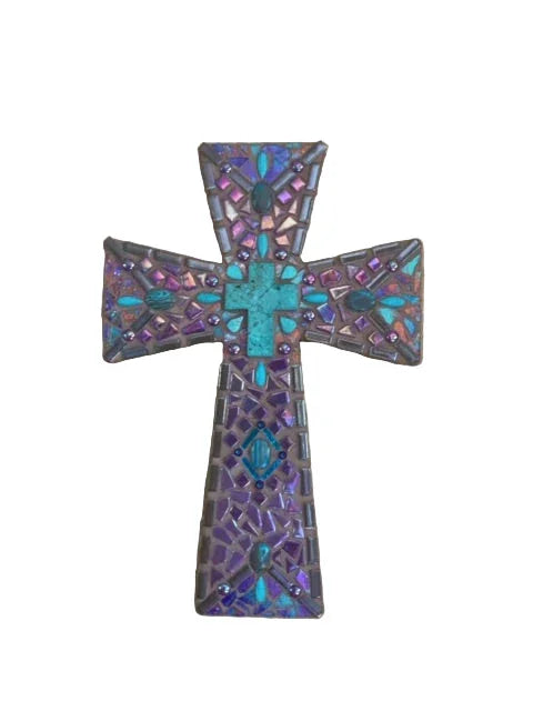 Mosaic Wood Cross Turquoise Stones - Handcrafted 18 x 12 - Ysleta Mission Gift Shop