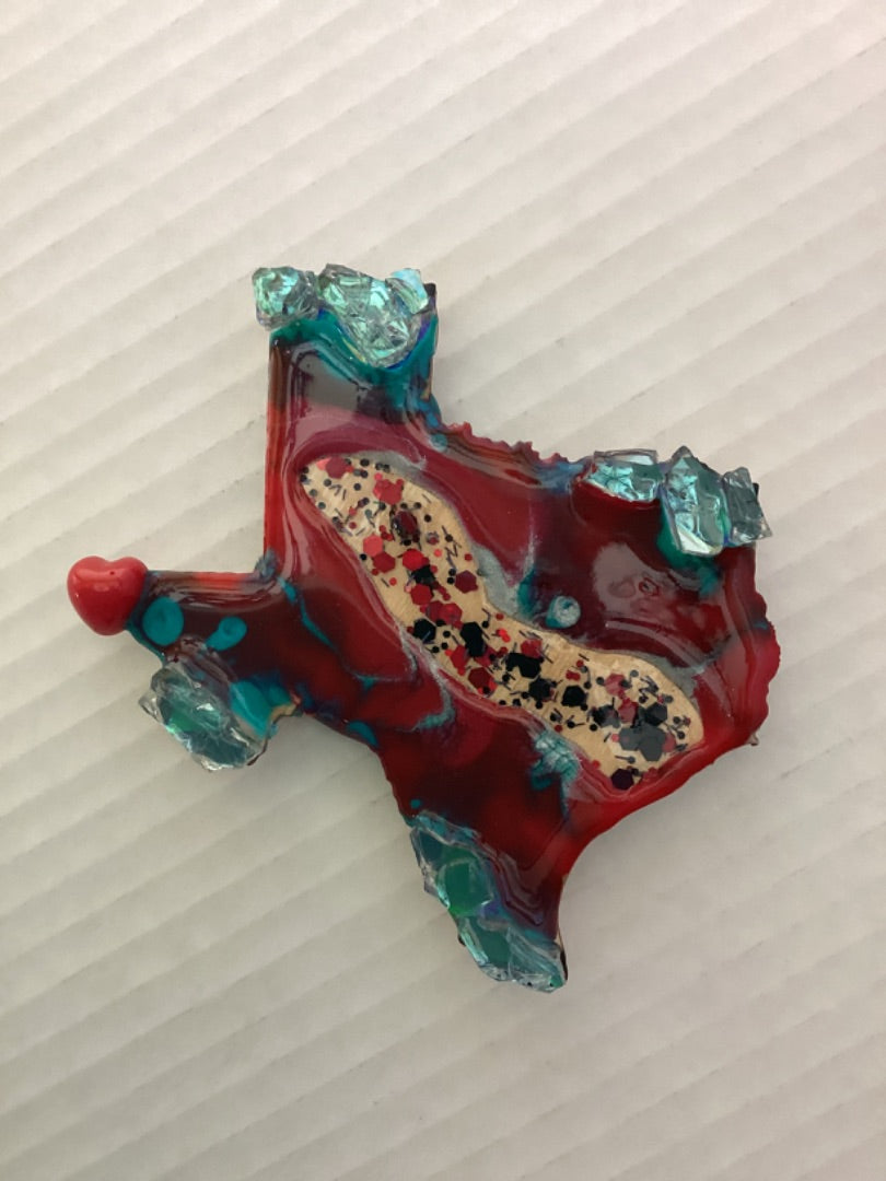 Red & Turquoise Resin Magnet - Wood Base with Glass Stones & Heart