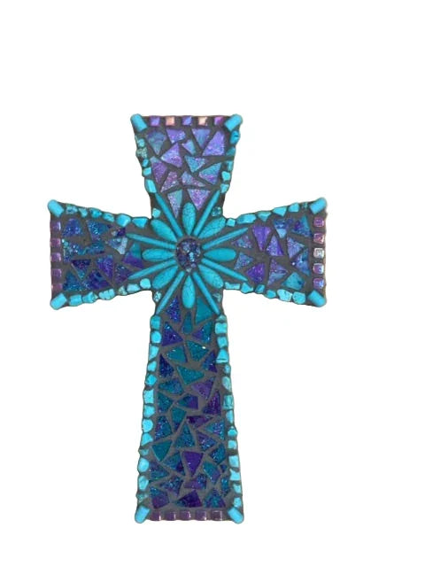 Mosaic Wood Cross Purple and Turquoise - Handcrafted 11 x 8 - Ysleta Mission Gift Shop