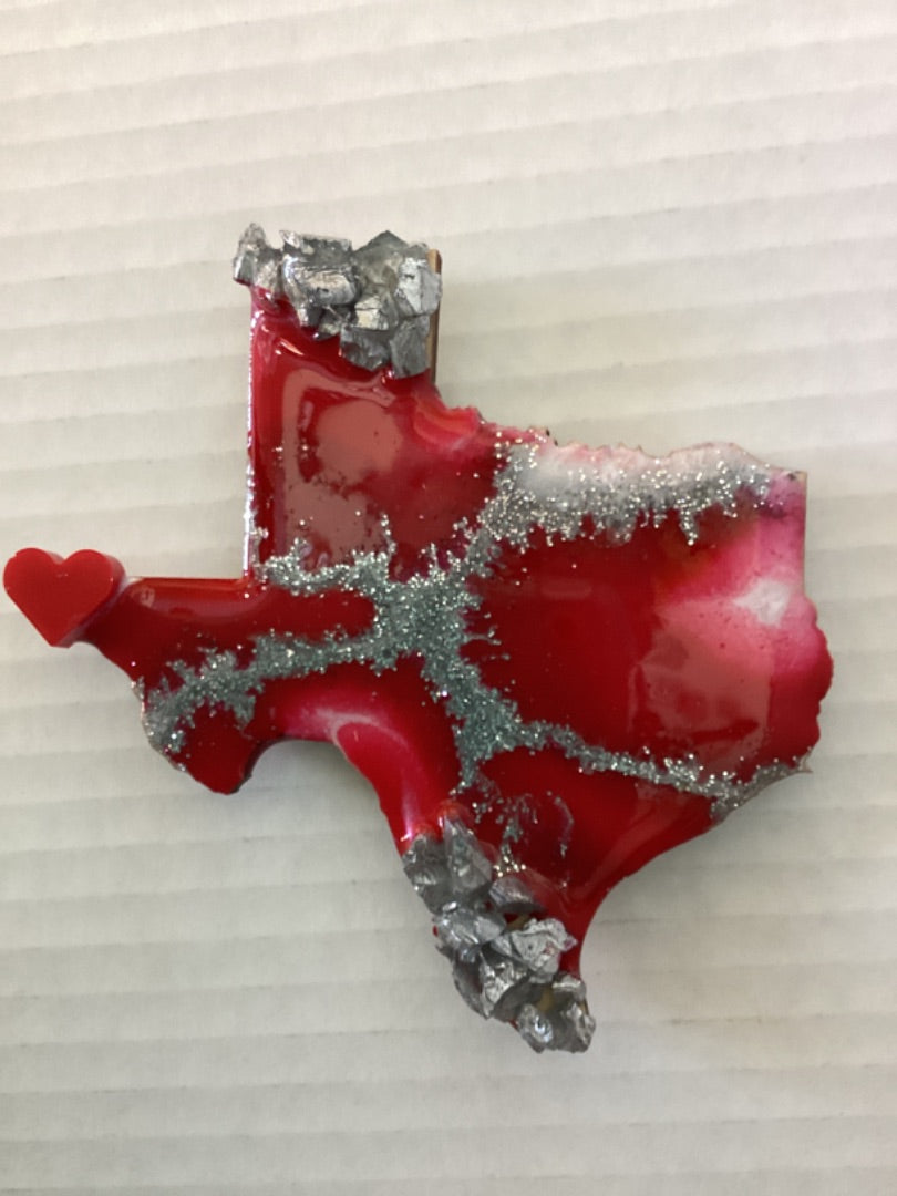 Red & Silver Texas Resin Magnet - Wood Base with Red Heart & Silver Stones
