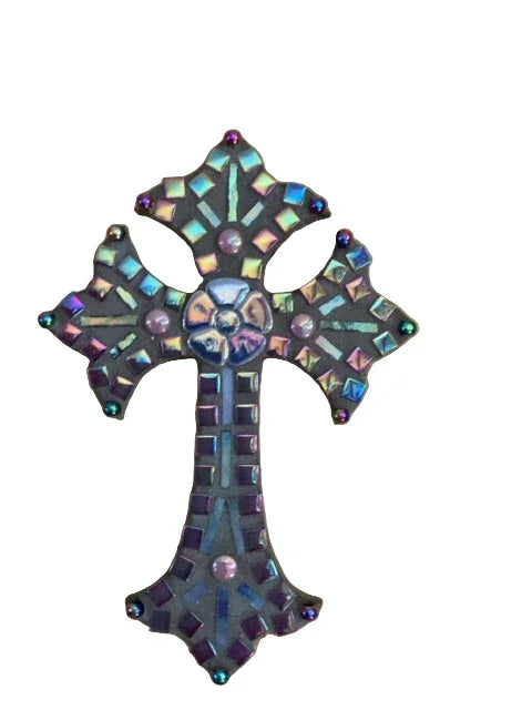 Mosaic Wood Cross Iridescent Tone - Handcrafted 10 x 7 - Ysleta Mission Gift Shop
