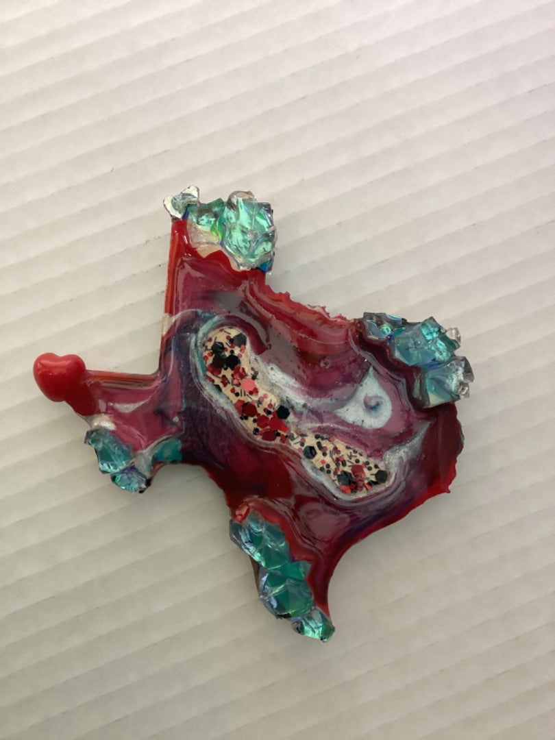 Red Resin Magnet - Sparkle Design on Wood with Glass Stones & Heart
