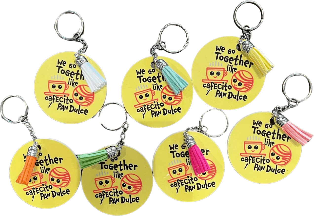 Keychain Round We Go Together "We Go Together Like Cafecito and Pan Dulce" Double-Sided Sublimated Colored Tassel 2.5" - Ysleta Mission Gift Shop