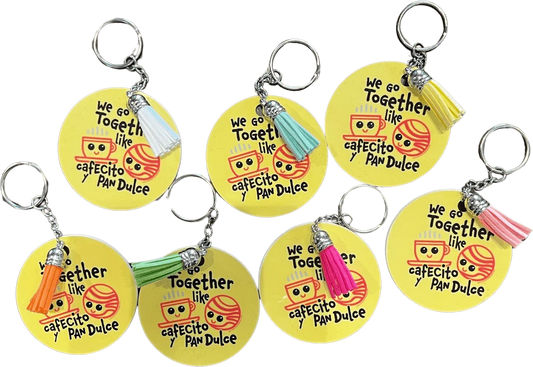 Keychain Round We Go Together "We Go Together Like Cafecito and Pan Dulce" Double-Sided Sublimated Colored Tassel 2.5" - Ysleta Mission Gift Shop
