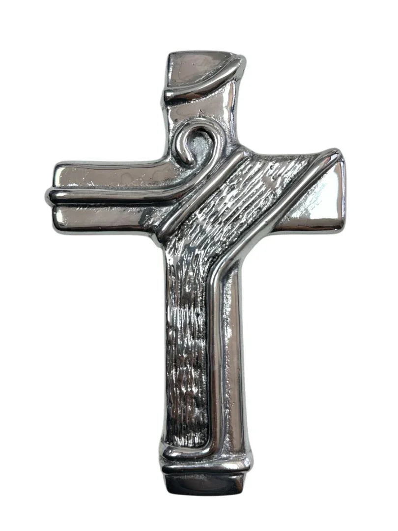 Large handmade pewter cross with silver finish, Catholic Christian wall decor by Jose Alberto Chavez featuring intricate religious design.