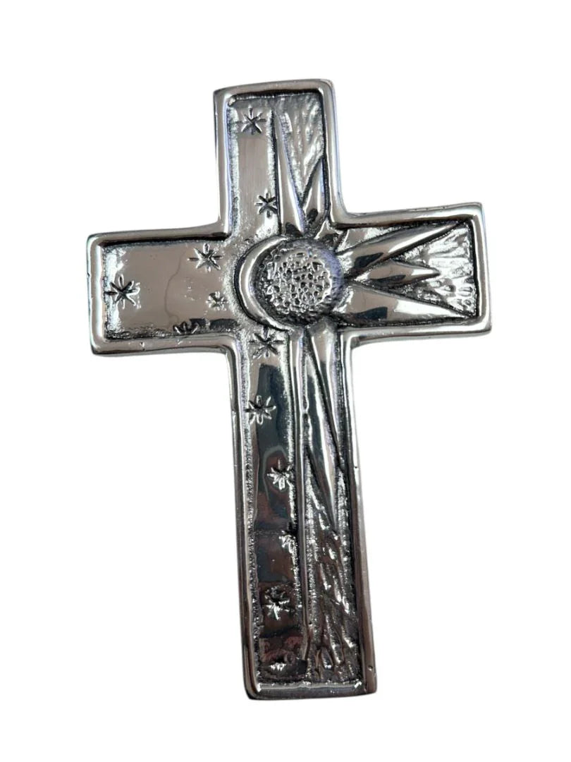 Large handmade pewter cross with silver finish, Catholic Christian wall decor by Jose Alberto Chavez, detailed religious wall art.