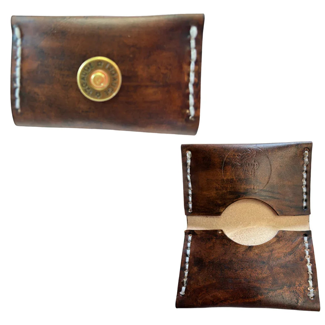 Leather card and ID holder with gold bullet concho from Consuelo Barraza, slim tactical wallet for everyday carry.