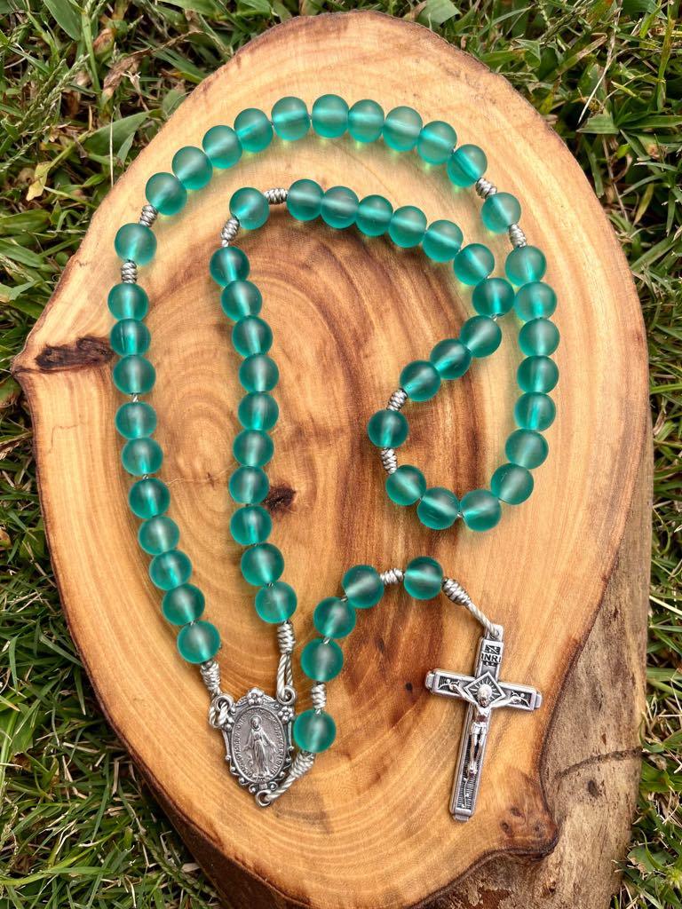 Teal frosted glass bead Five Decade Paracord rosary featuring Immaculate Mary and Fatima Vine Crucifix, Catholic Christian gift.