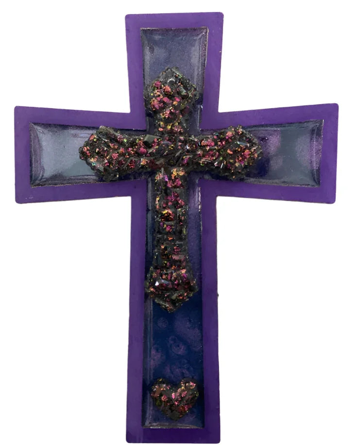 Resin purple cross magnet on wooden base, Catholic Christian gift with cross center design by Brigitte Rosson.