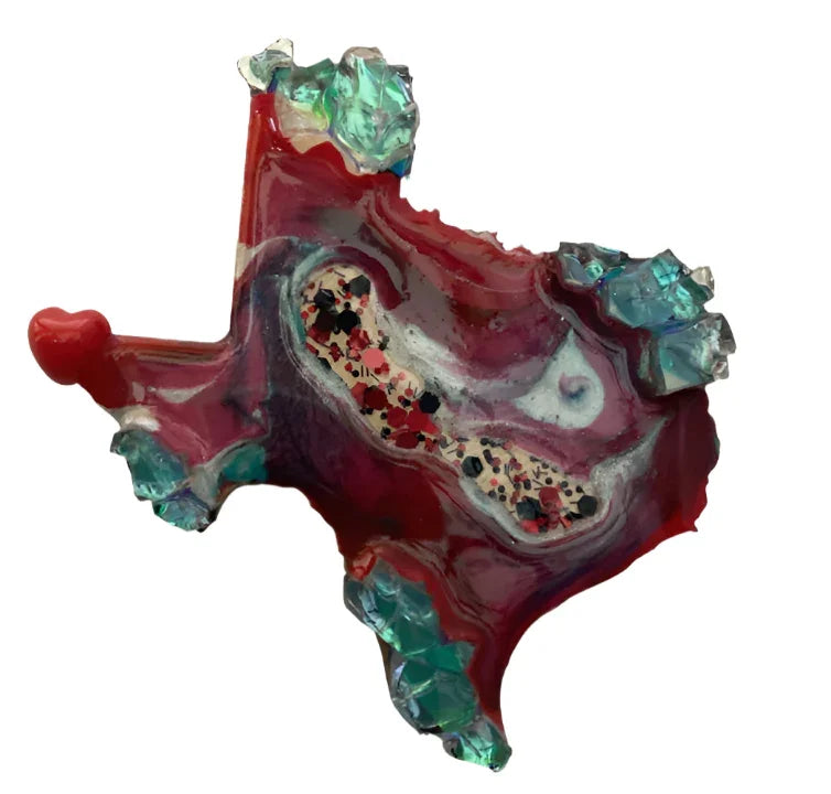 Texas-shaped resin magnet with sparkle glass stones and heart design, by Brigitte Rosson, 4x4 inches, El Paso souvenirs and gifts.