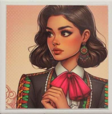 Mariachi Girl Coaster – Ceramic with Cork Backing 4" x 4" - Ysleta Mission Gift Shop