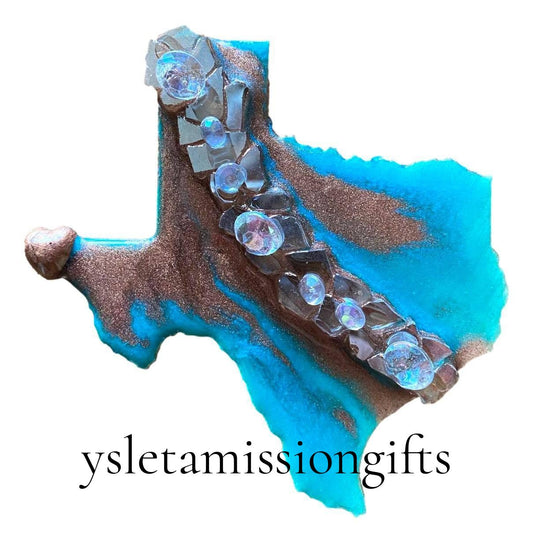 Metallic Copper Turquoise Texas Magnet – Resin Heart for El Paso 4.5x4 - Ysleta Mission Gift Shop
