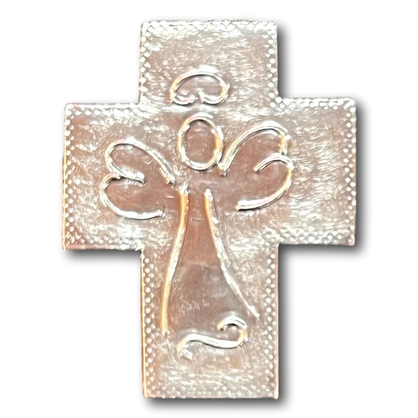 Hand-embossed aluminum mini crosses with angel designs on real wood, modern Catholic faith decor by Marilu Fuentes.