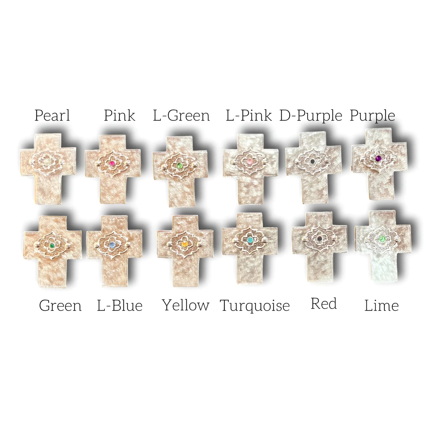Hand-embossed aluminum mini Christian cross with gemstones on real wood, 3x2 inches, Catholic gift decor by Marilu Fuentes.