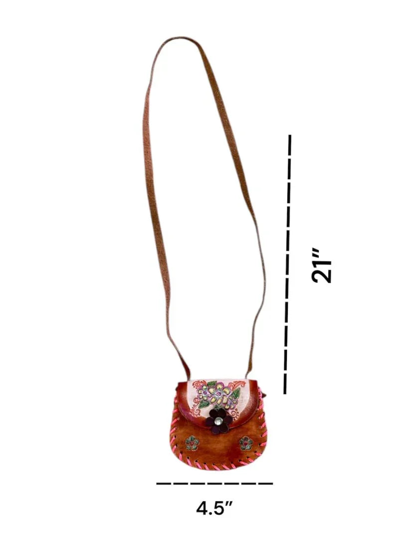 Mini Hand-Tooled Leather Bag – 4" x 4.5" Floral Design Assorted - Ysleta Mission Gift Shop