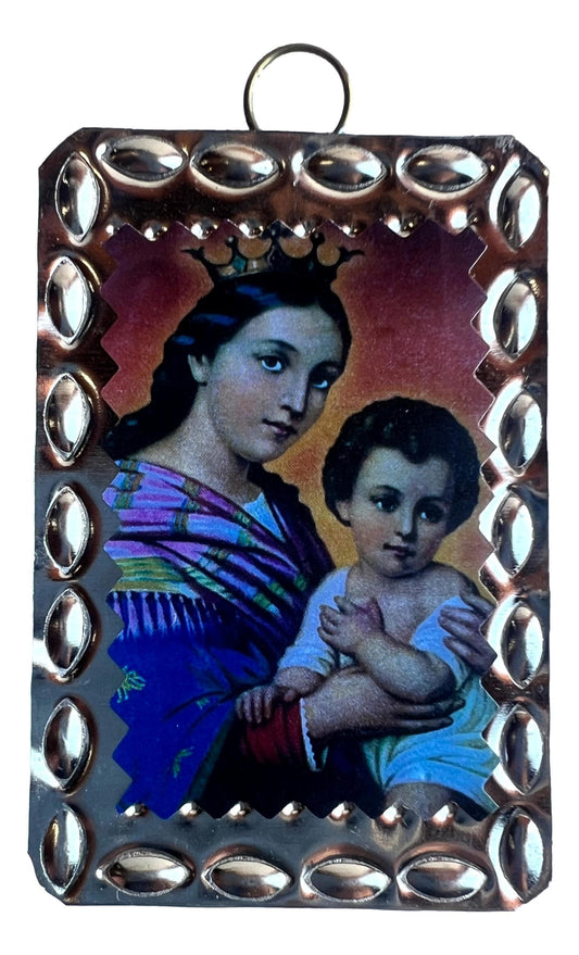 Mini Retablo Mary & Jesus | Handcrafted Spanish Colonial Tin Art | 3x2 New Mexico - Ysleta Mission Gift Shop