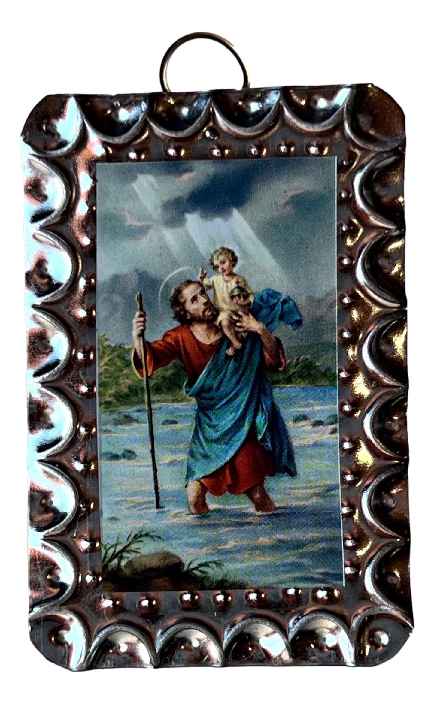 Mini Retablo St. Christopher | Handcrafted Traditional Spanish Colonial Tin Art | 3x2 New Mexico - Ysleta Mission Gift Shop