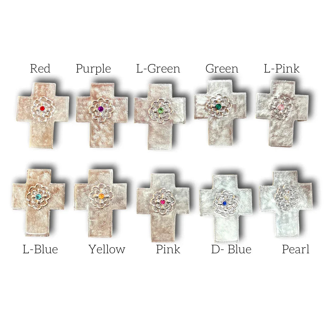 Mini wood cross with embossed aluminum and a birthstone, personalized Christian gift, 3x2 inches, handcrafted by Marilu Fuentes.
