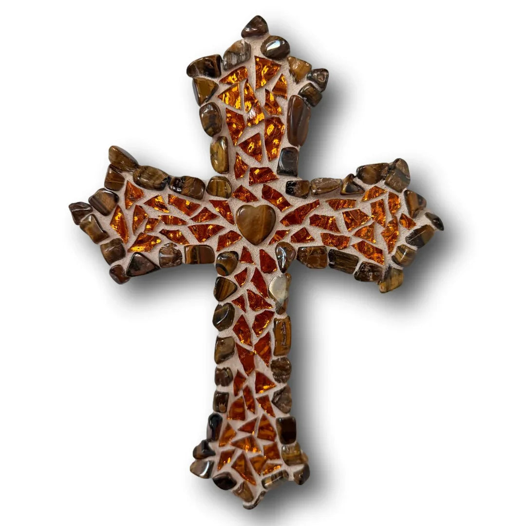 Handcrafted mosaic cross with tiger’s eye stones on wood religious art, Catholic Christian gift by Brigitte Rosson.